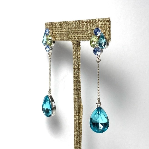 Earrings Dangles Drops Blue Rhinestones Silver Tone Long - Picture 9 of 11
